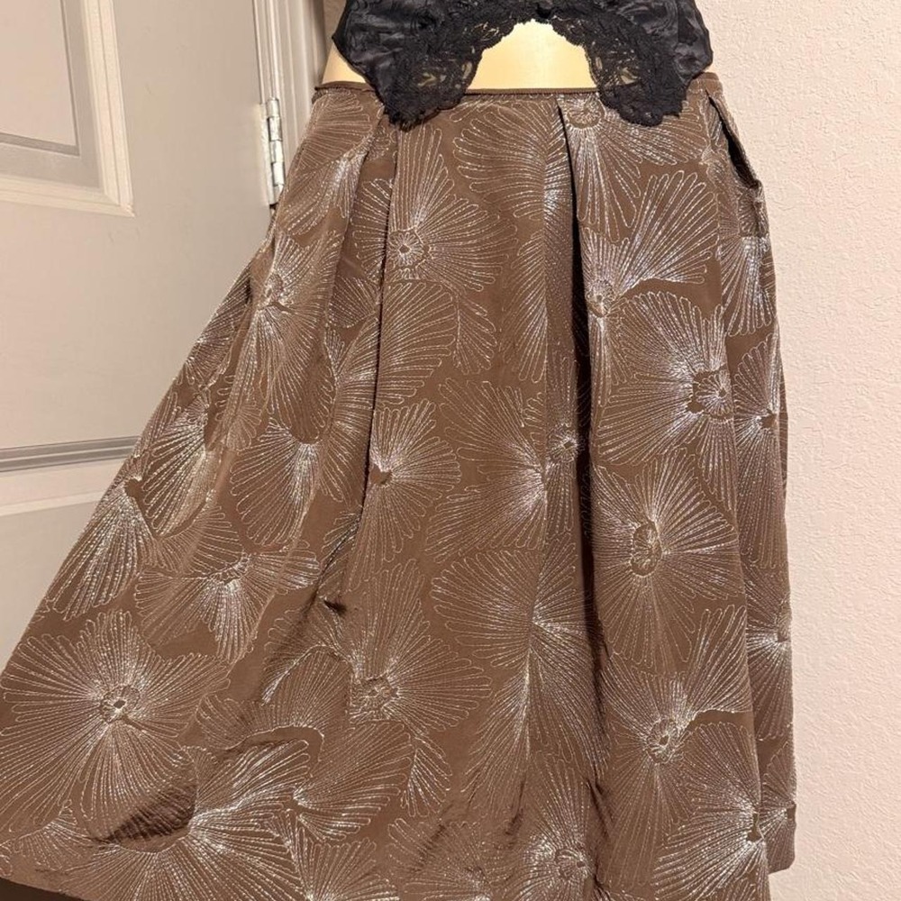 Talbots brown silk midi skirt with silver embroidery pattern